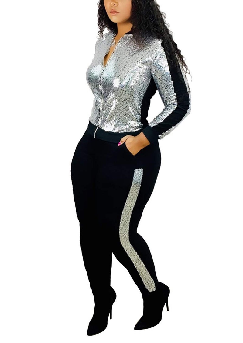 SIAEAMRG Women 2 Piece Glitter Sequin Outfits Tracksuit, Long Sleeve Jacket Tops Bodycon Long Pants Sparkle Sweatsuit Club Wear (XXL, Silver) - Image 3